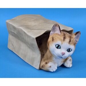 Vintage Mann Music Box Cat Paper Bag Plays "Memories" Kitten Japan 1982 Ceramic